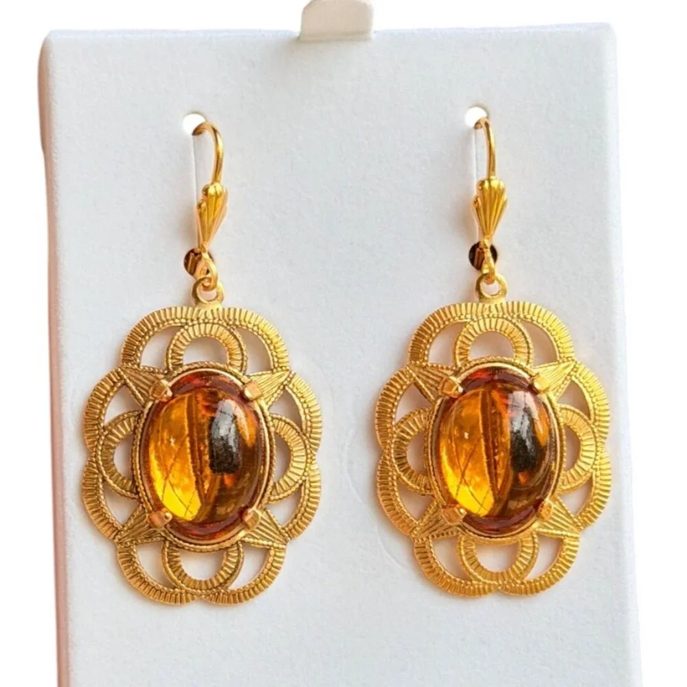 Alzerina Magnolia Earrings Topaz 24kt Gold‎ Plated Filigree Drop Earrings Alzi